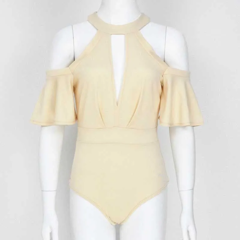 Sexy Choker High Neck Plunge V Keyhole Ruffle Sleeve Cut out Shoulder Women Bodysuits Playsuits Rompers Jumpsuits