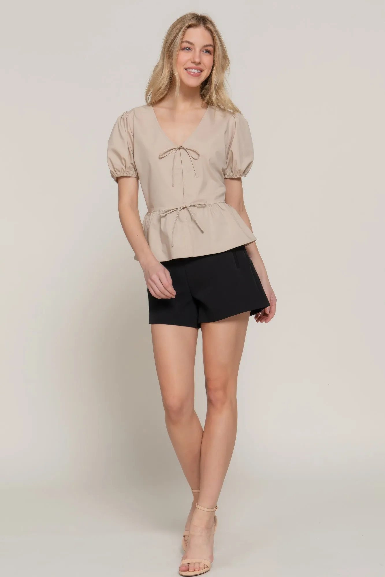 Short Puff Slv Tied Popline Top