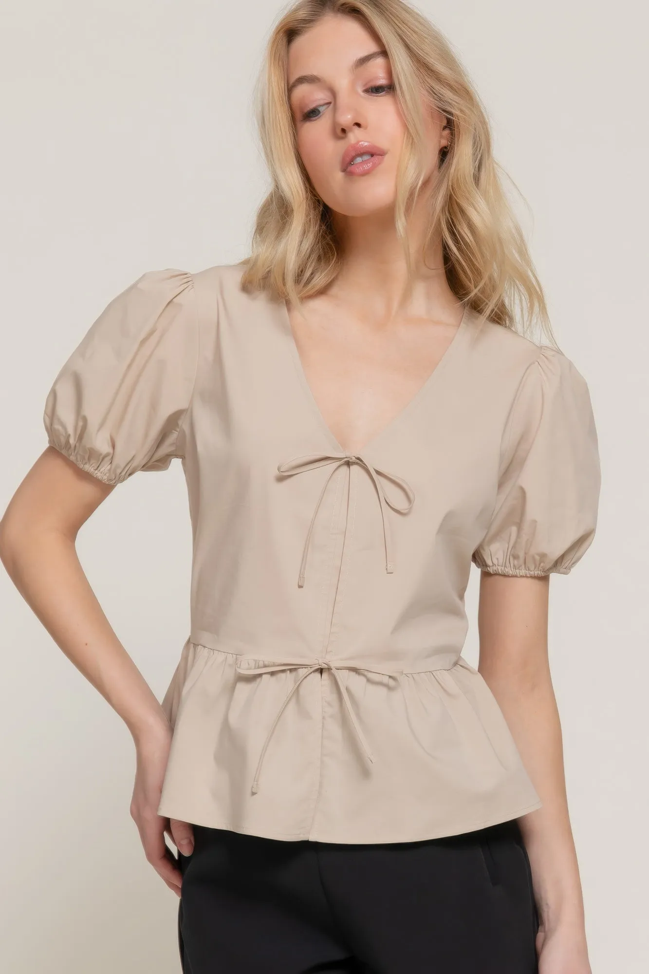 Short Puff Slv Tied Popline Top