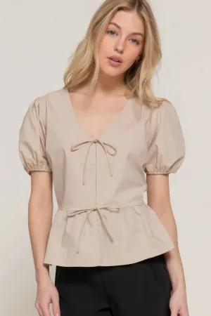 Short Puff Slv Tied Popline Top