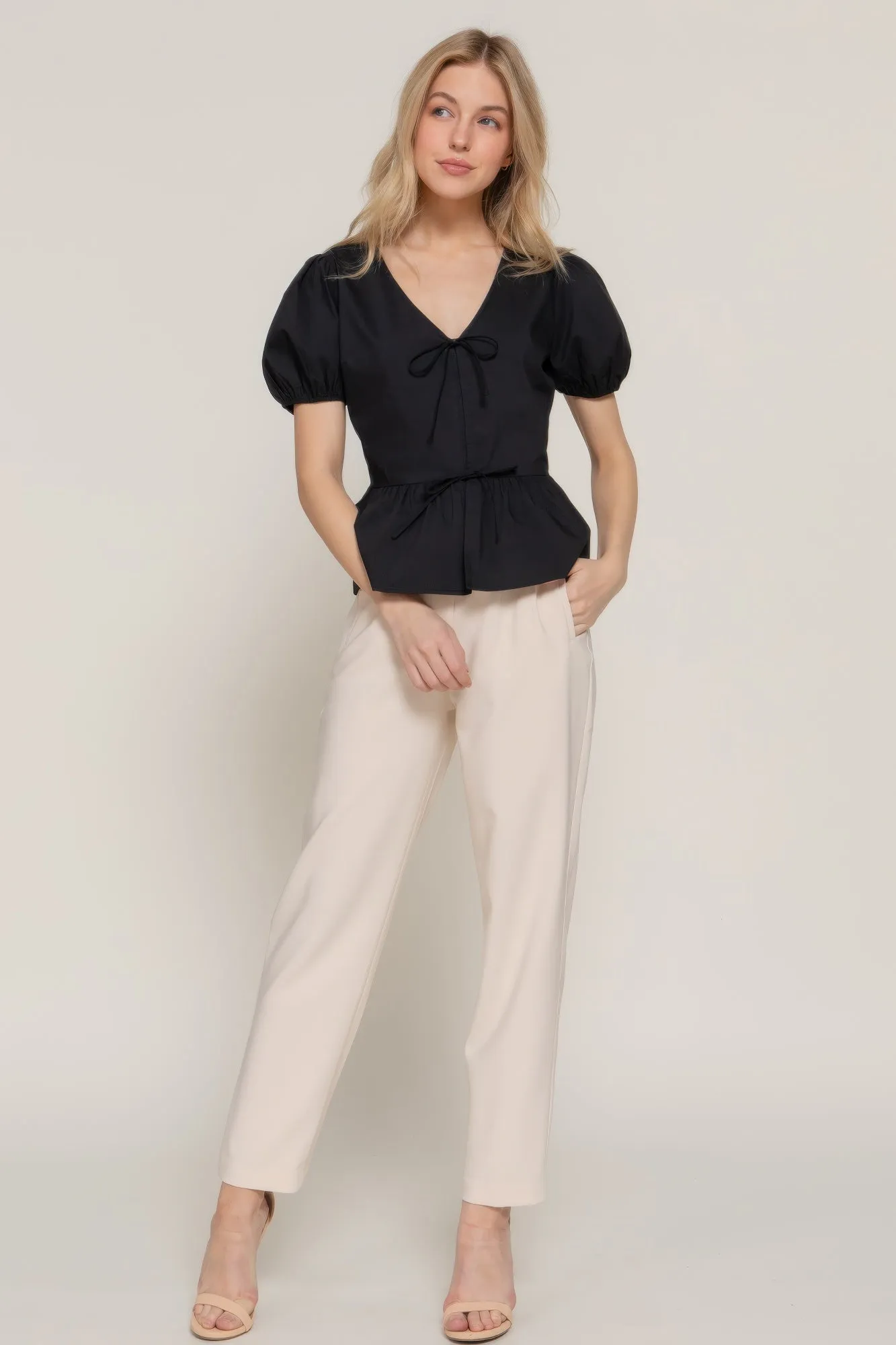 Short Puff Slv Tied Popline Top