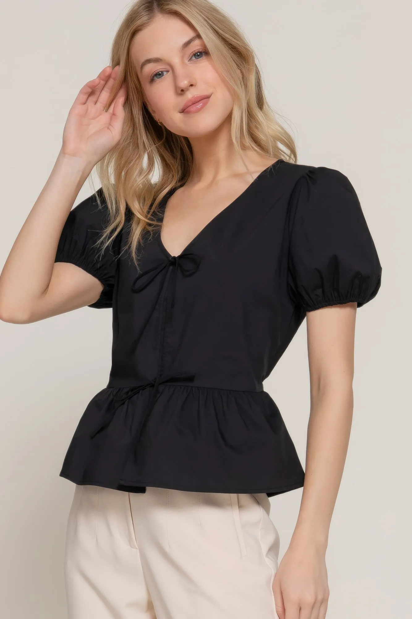 Short Puff Slv Tied Popline Top