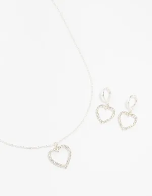 Silver Diamante Heart Necklace & Earring Set