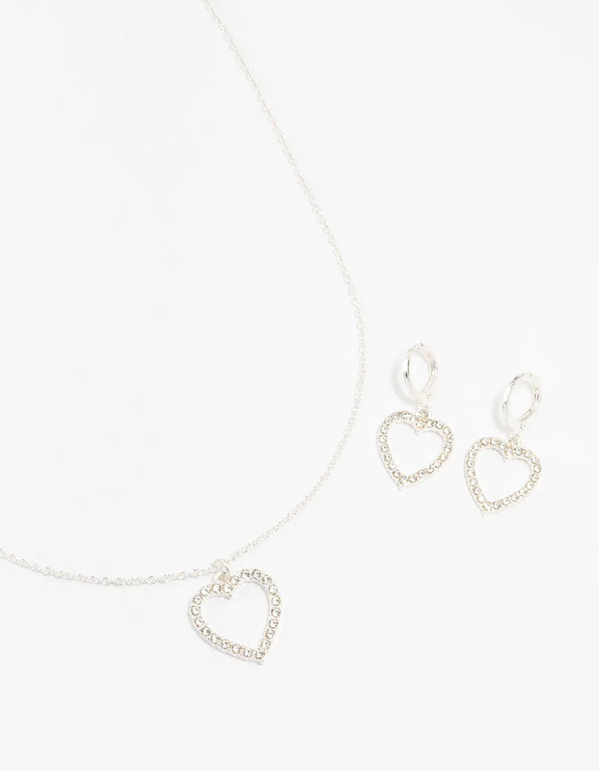 Silver Diamante Heart Necklace & Earring Set