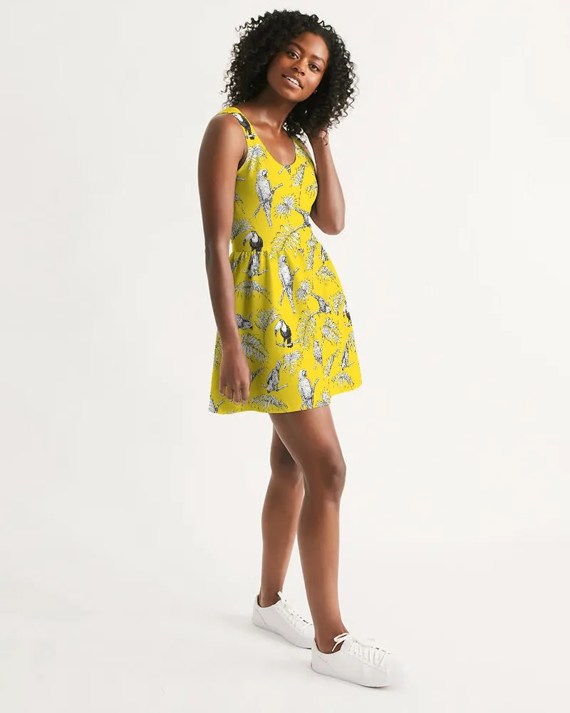 SMF Tropical Birds Feminine Scoop Neck Skater Dress