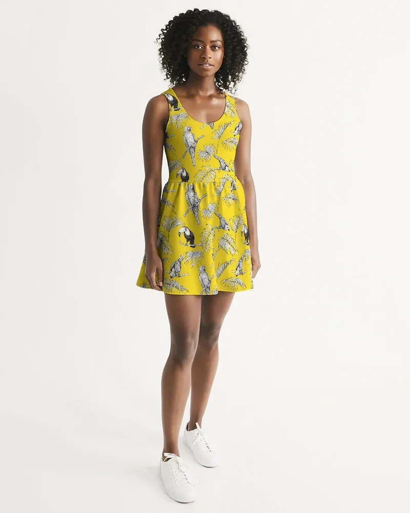SMF Tropical Birds Feminine Scoop Neck Skater Dress