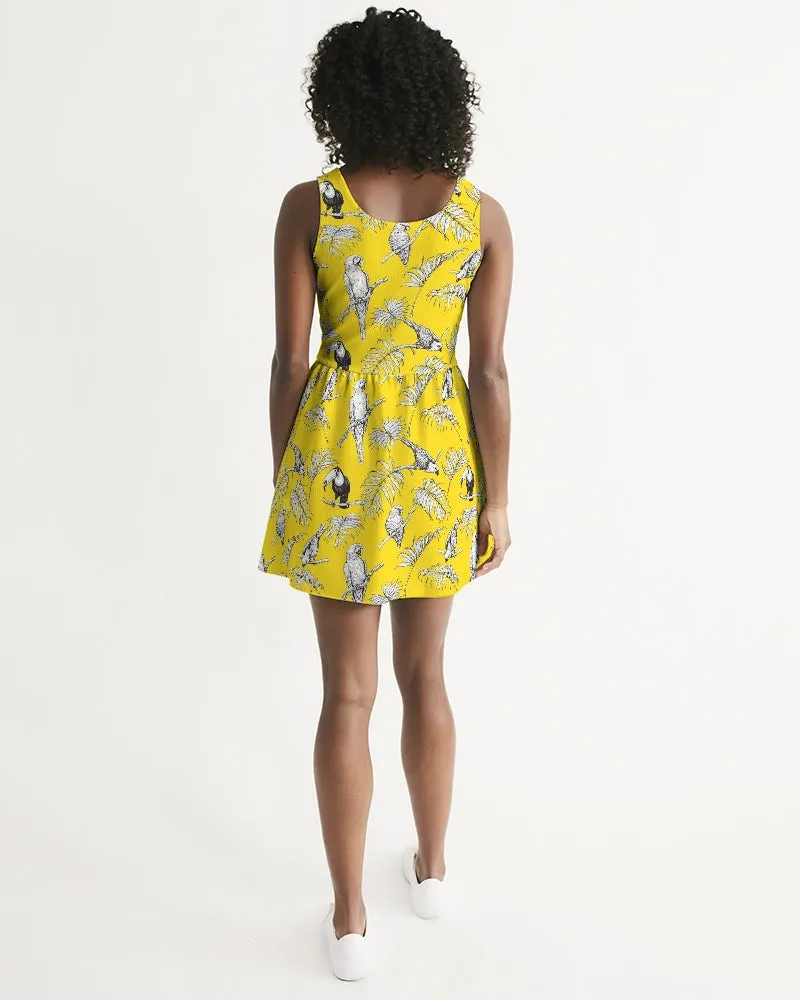 SMF Tropical Birds Feminine Scoop Neck Skater Dress