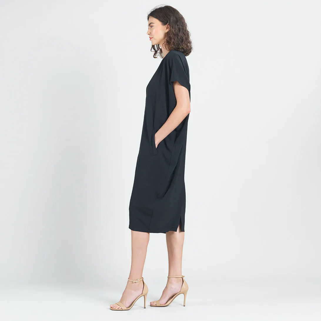 Soft Textured Rayon - Empire Waist Caftan Pocket Dress - Black