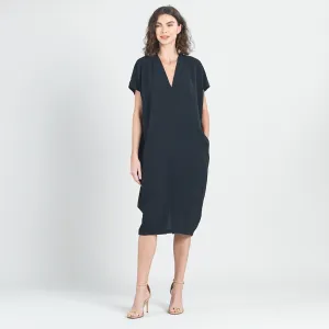 Soft Textured Rayon - Empire Waist Caftan Pocket Dress - Black