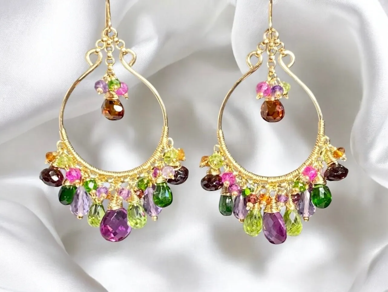 Statement Multi Gemstone Chandelier Hoop Earrings - Violet, Green, Pink