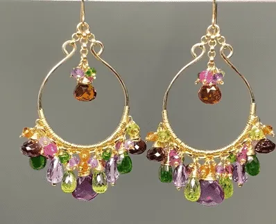 Statement Multi Gemstone Chandelier Hoop Earrings - Violet, Green, Pink