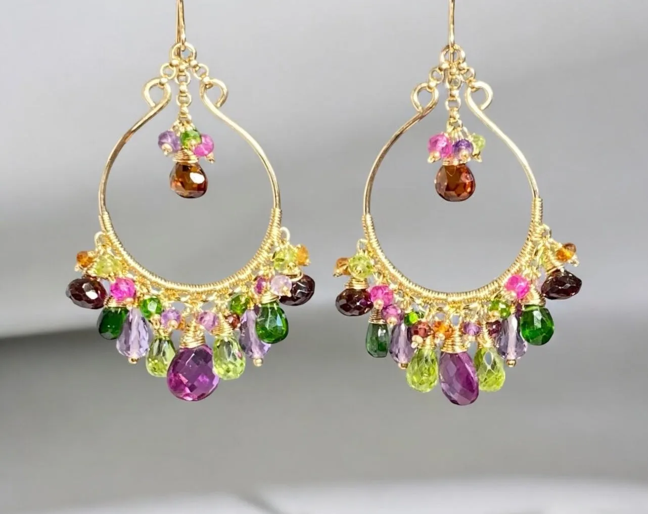 Statement Multi Gemstone Chandelier Hoop Earrings - Violet, Green, Pink
