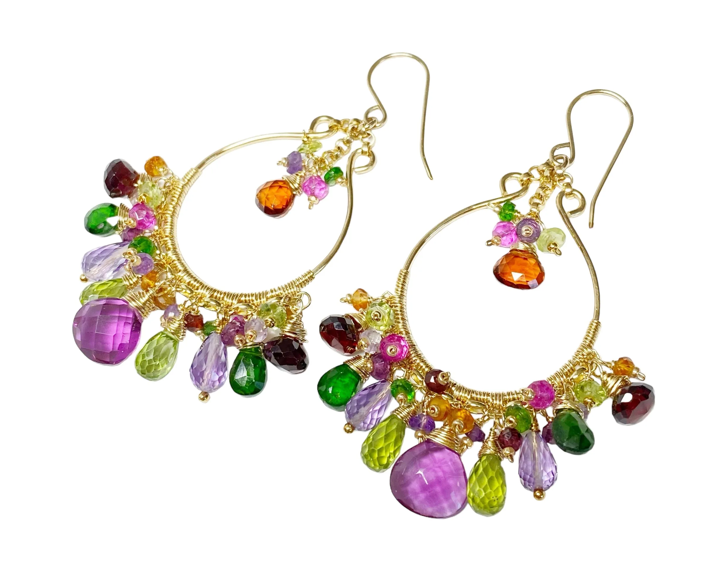 Statement Multi Gemstone Chandelier Hoop Earrings - Violet, Green, Pink