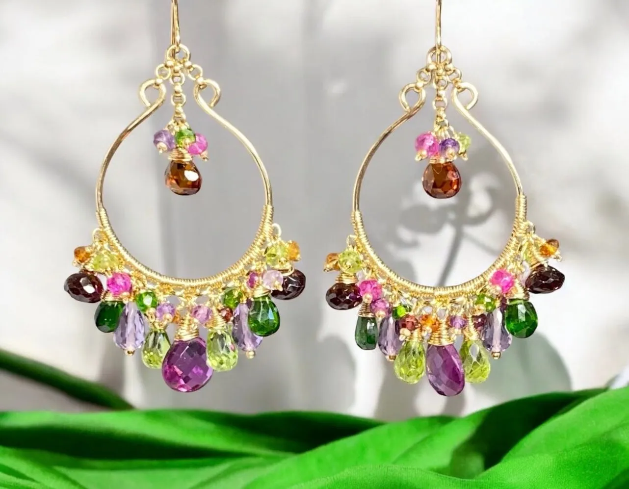 Statement Multi Gemstone Chandelier Hoop Earrings - Violet, Green, Pink