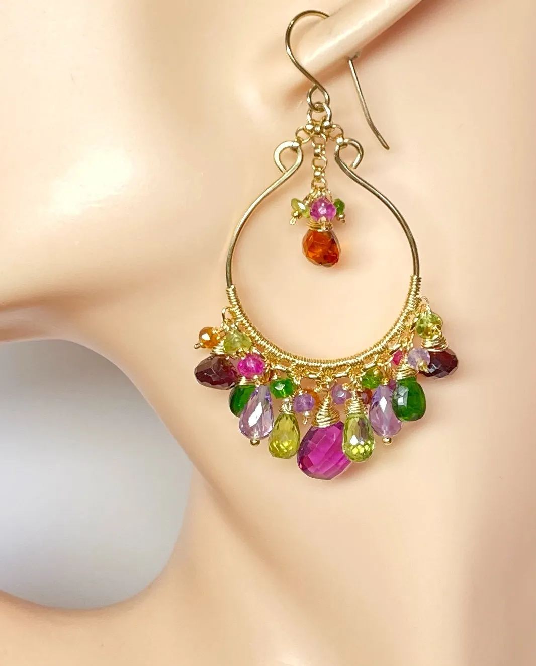 Statement Multi Gemstone Chandelier Hoop Earrings - Violet, Green, Pink