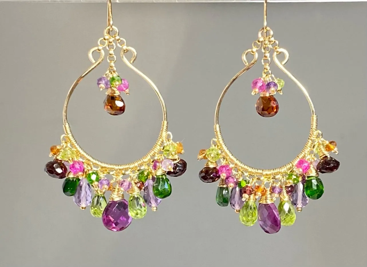Statement Multi Gemstone Chandelier Hoop Earrings - Violet, Green, Pink