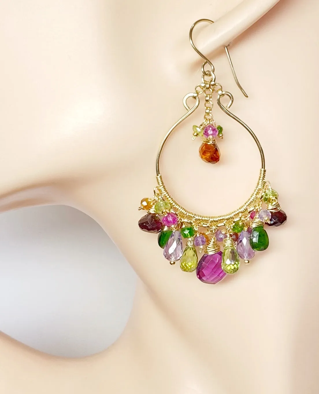 Statement Multi Gemstone Chandelier Hoop Earrings - Violet, Green, Pink