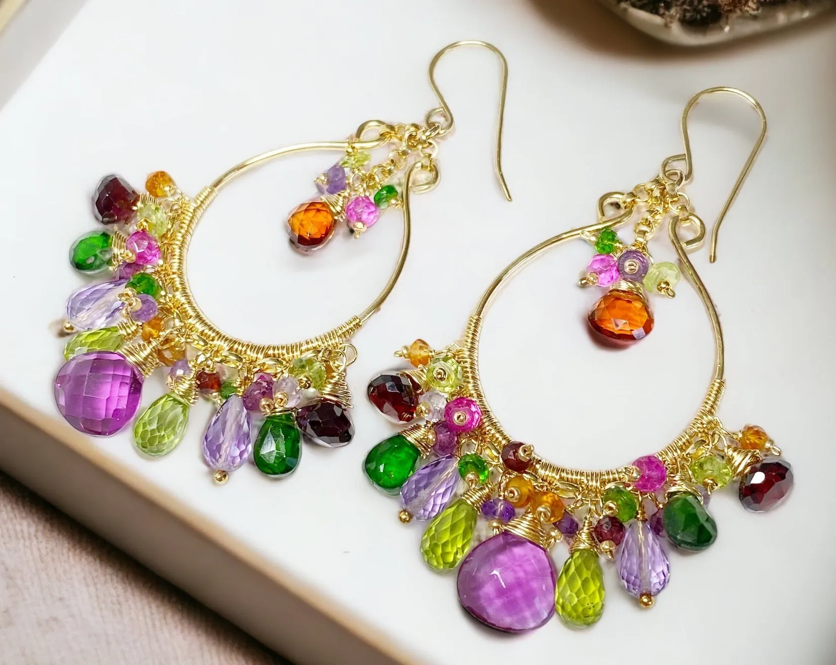 Statement Multi Gemstone Chandelier Hoop Earrings - Violet, Green, Pink