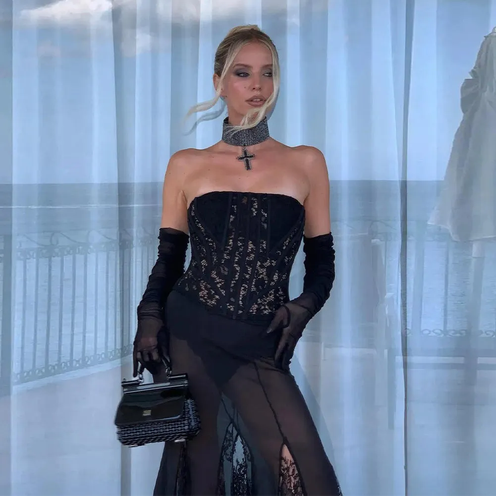 Strapless Sleeveless Lace Maxi Set ZNSBA1161