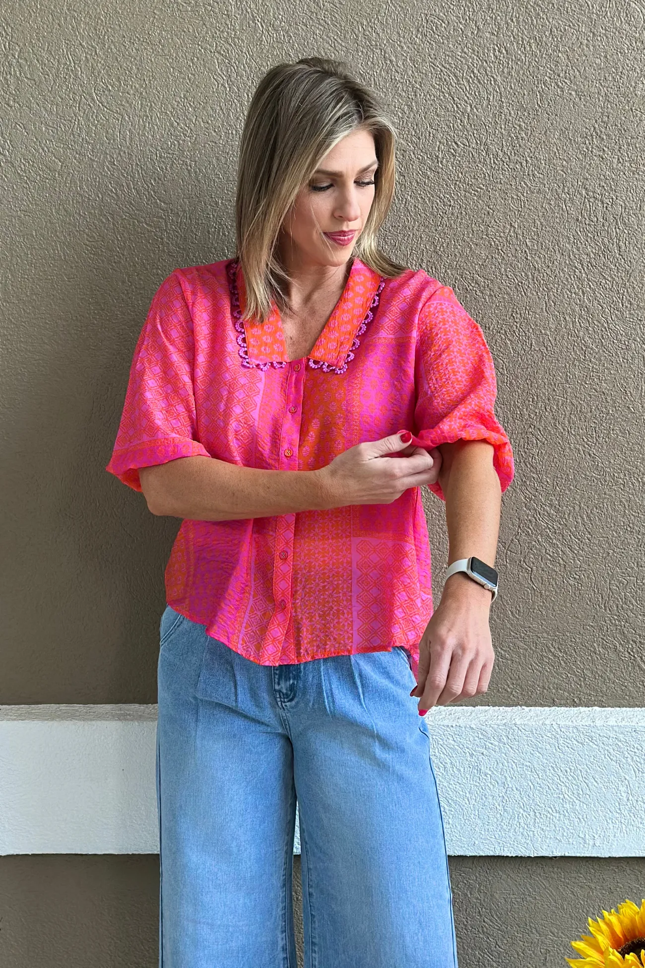 Sunset Bloom Lace Trim Blouse