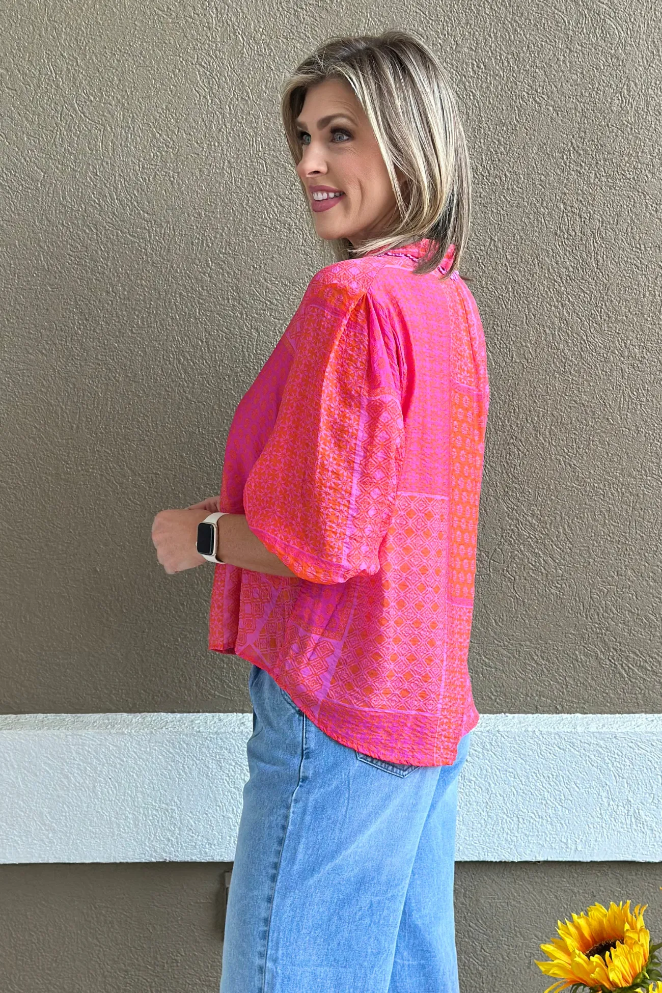 Sunset Bloom Lace Trim Blouse