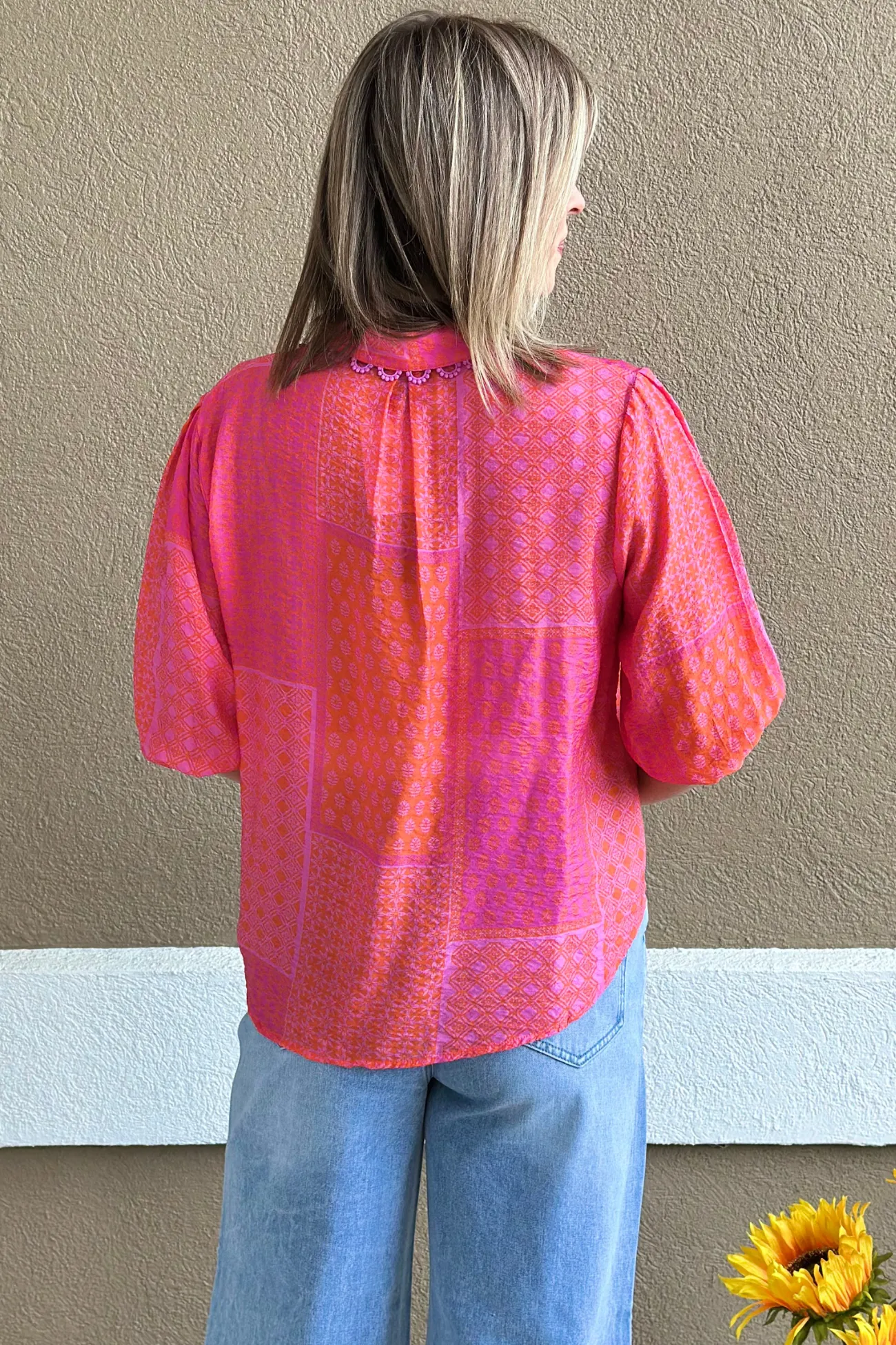 Sunset Bloom Lace Trim Blouse