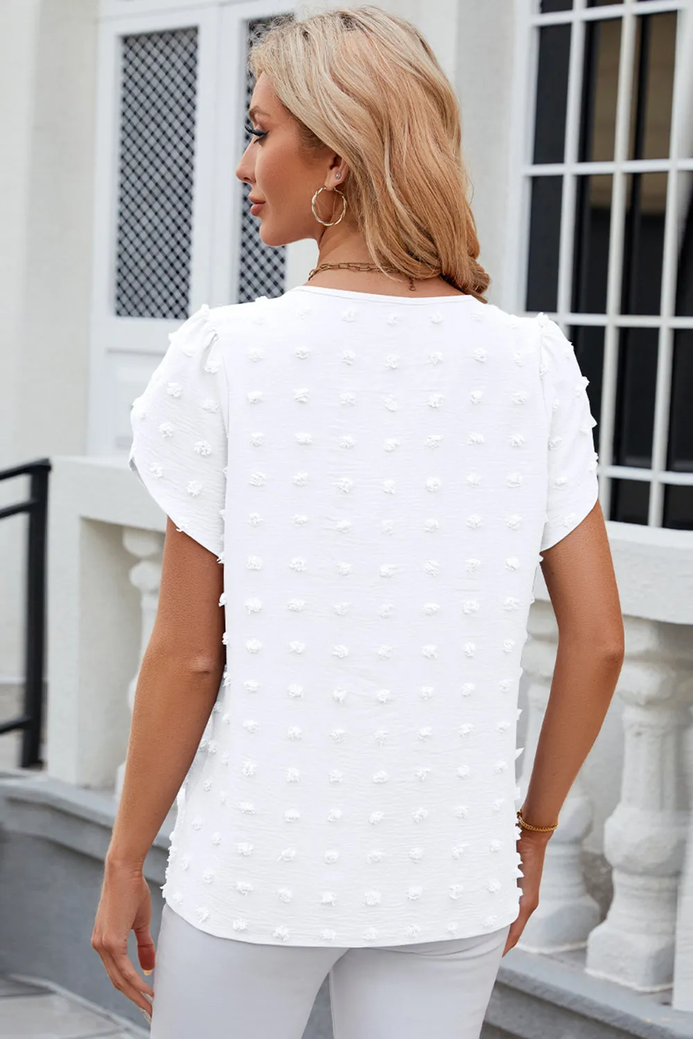 Swiss Dot Round Neck Petal Sleeve Blouse Top