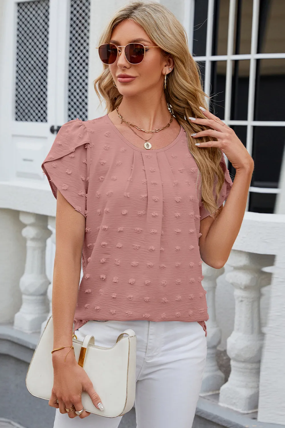 Swiss Dot Round Neck Petal Sleeve Blouse Top