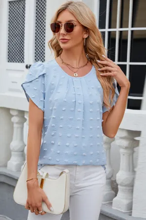 Swiss Dot Round Neck Petal Sleeve Blouse Top