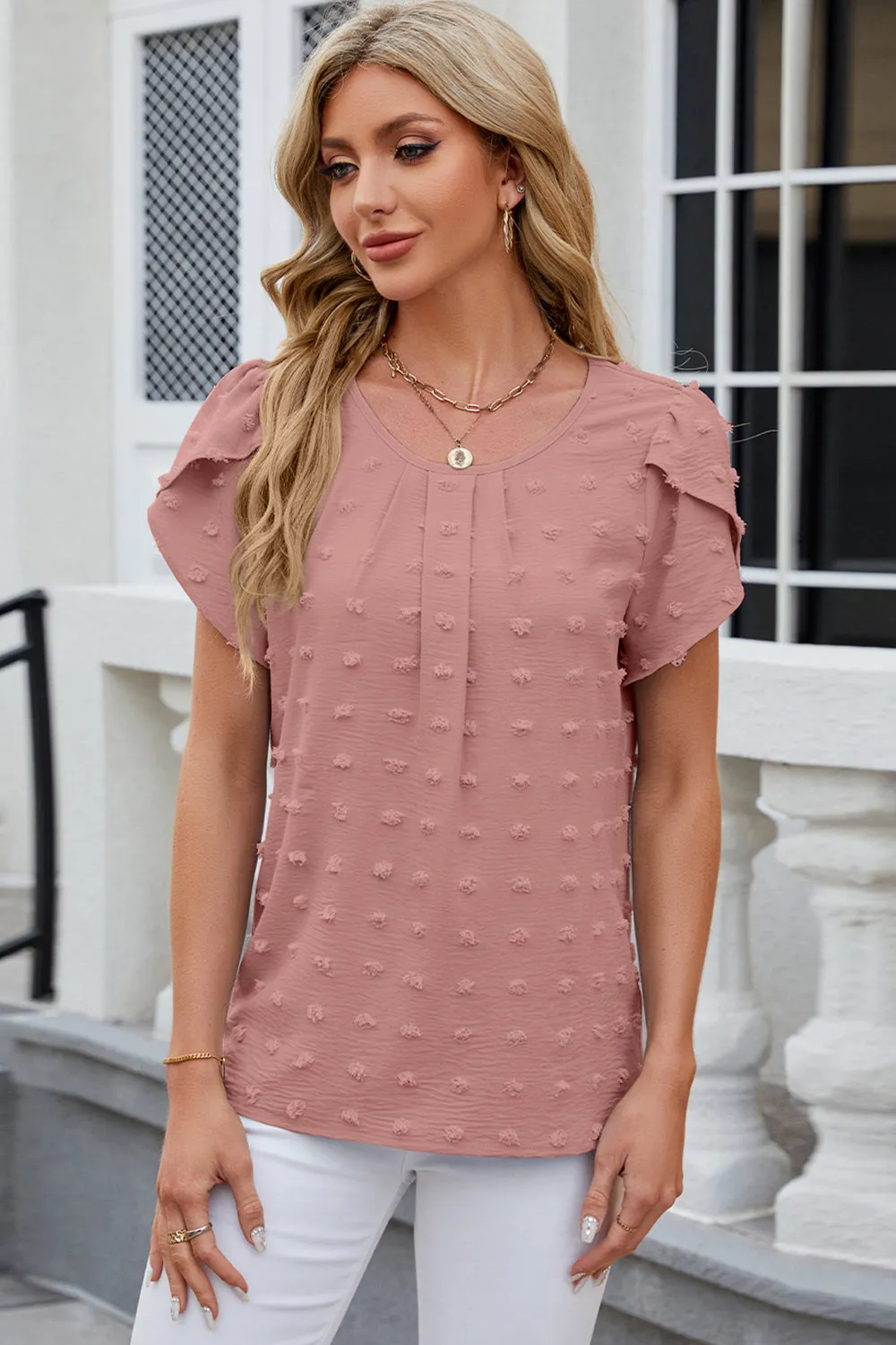 Swiss Dot Round Neck Petal Sleeve Blouse Top