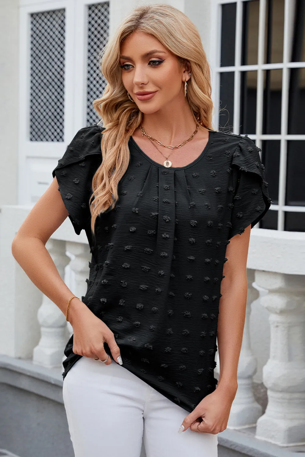Swiss Dot Round Neck Petal Sleeve Blouse Top