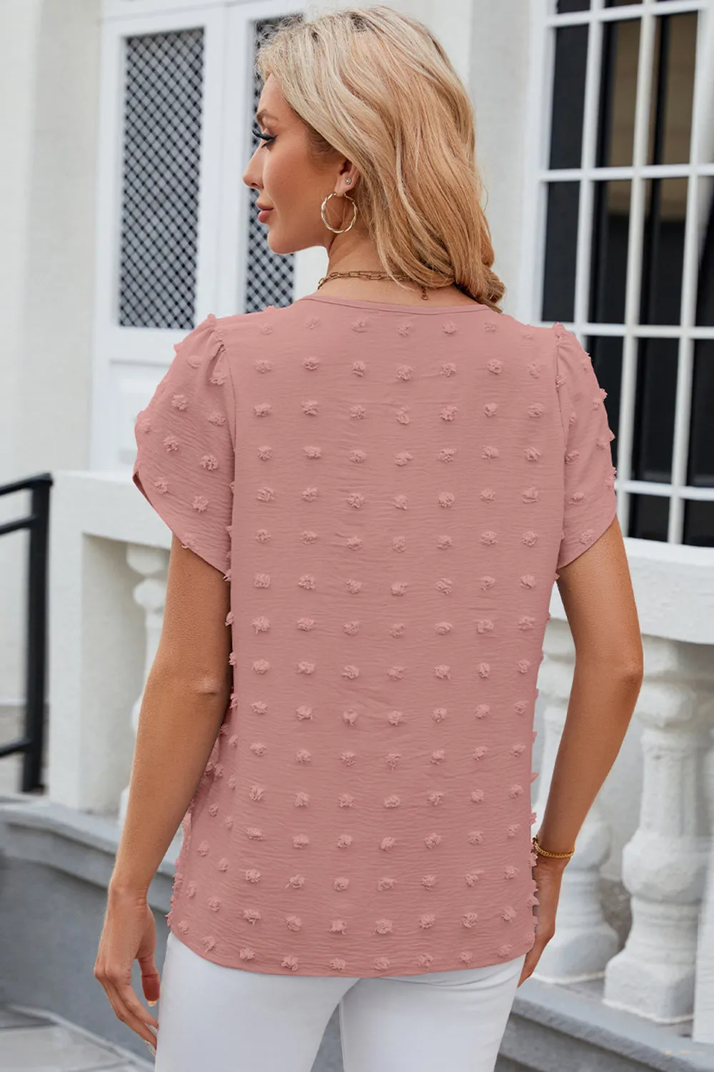 Swiss Dot Round Neck Petal Sleeve Blouse Top