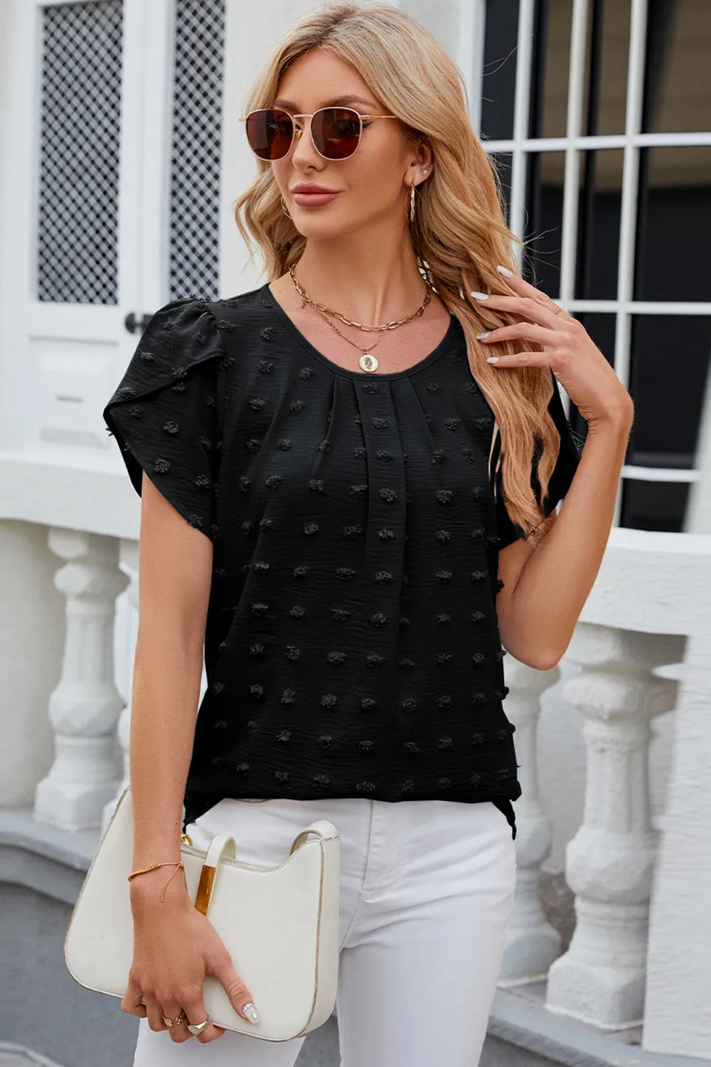 Swiss Dot Round Neck Petal Sleeve Blouse Top