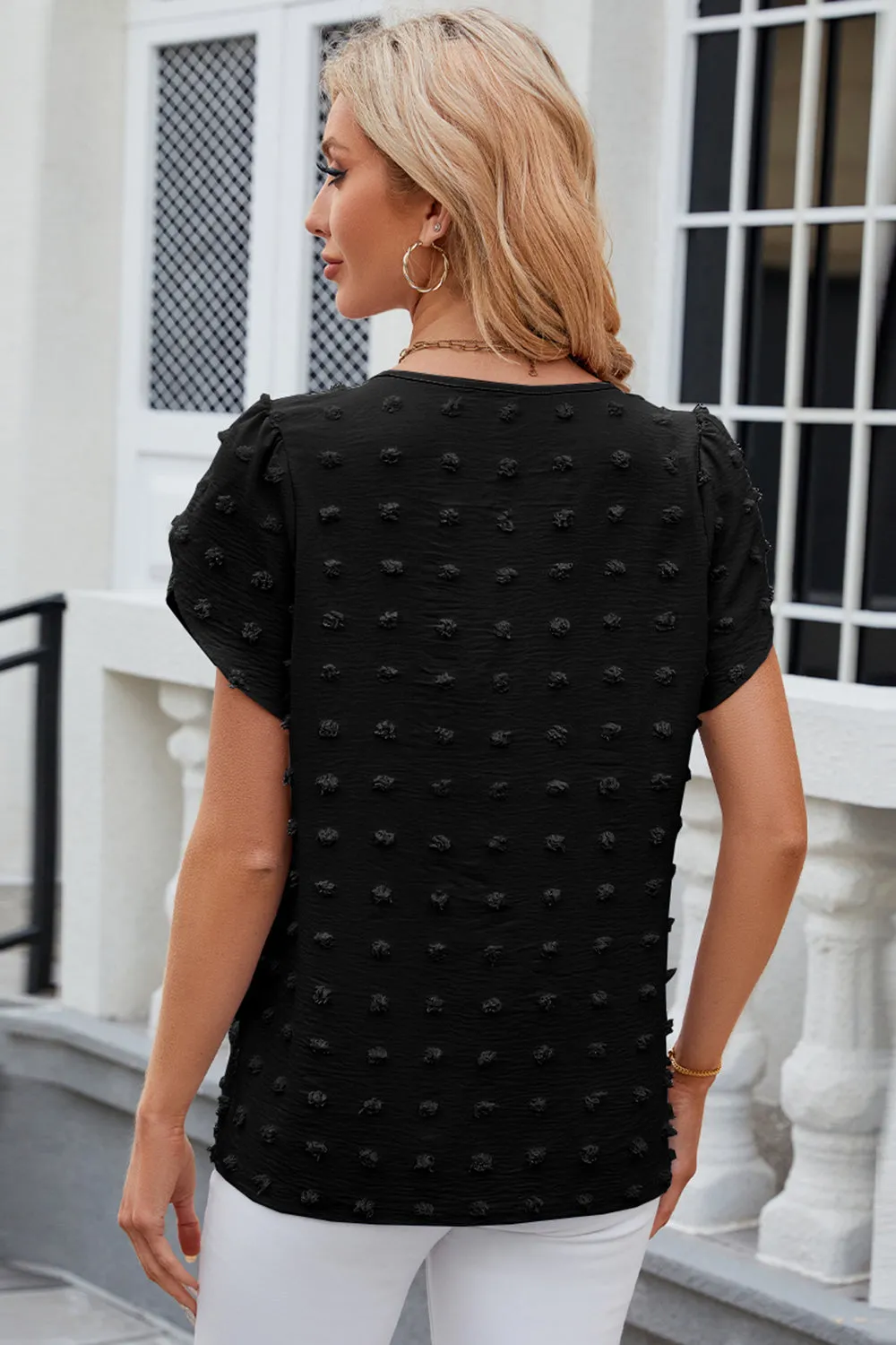 Swiss Dot Round Neck Petal Sleeve Blouse Top