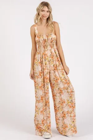 Tan Flower Print Gathered Bust Sleeveless Jumpsuit