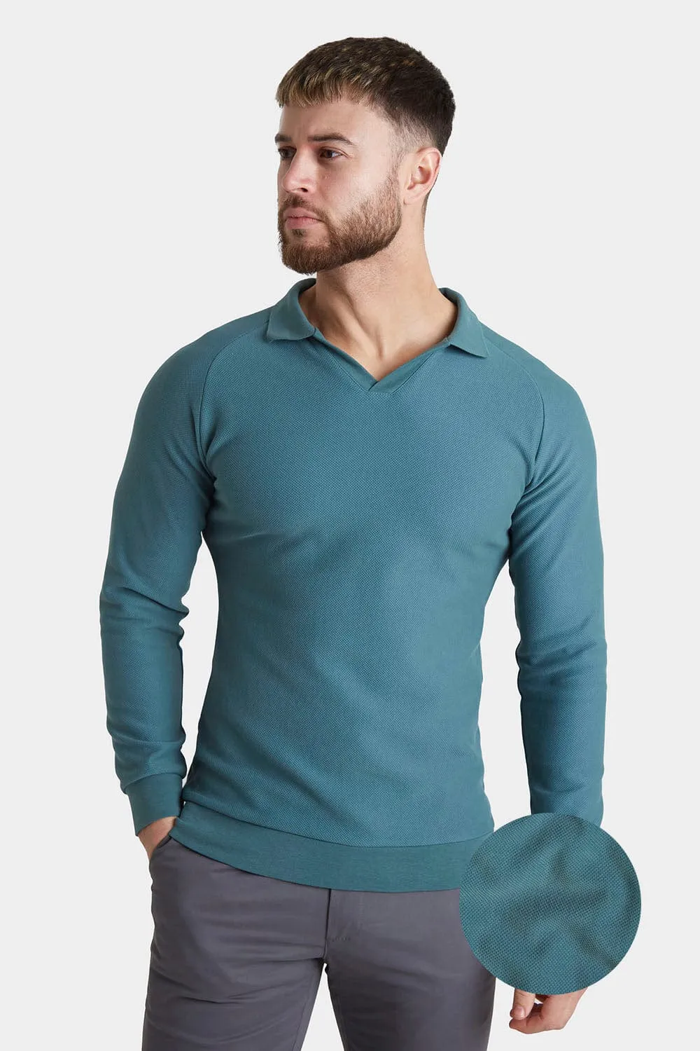 Textured Open Collar Polo in Peacock