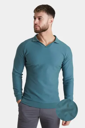 Textured Open Collar Polo in Peacock