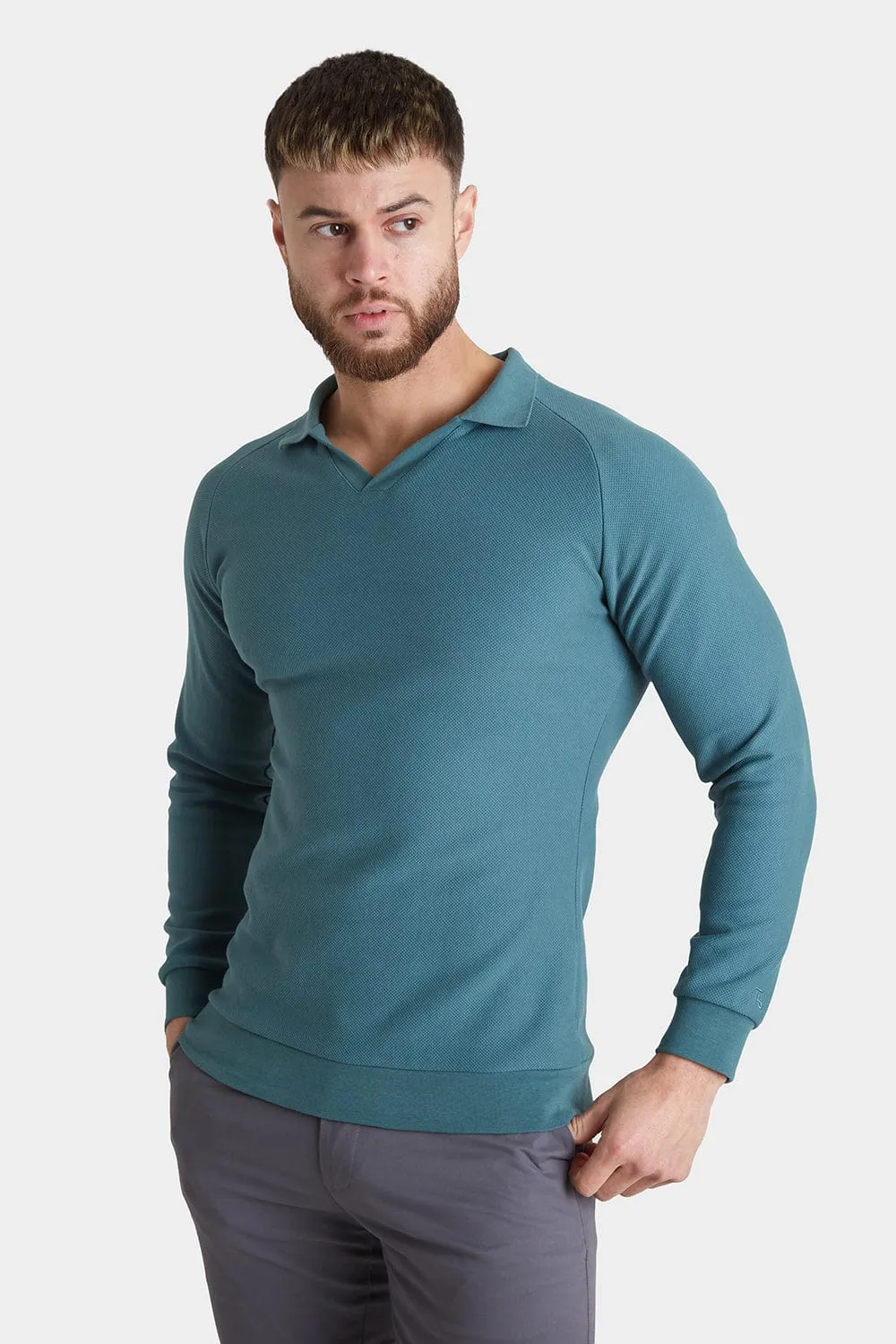 Textured Open Collar Polo in Peacock