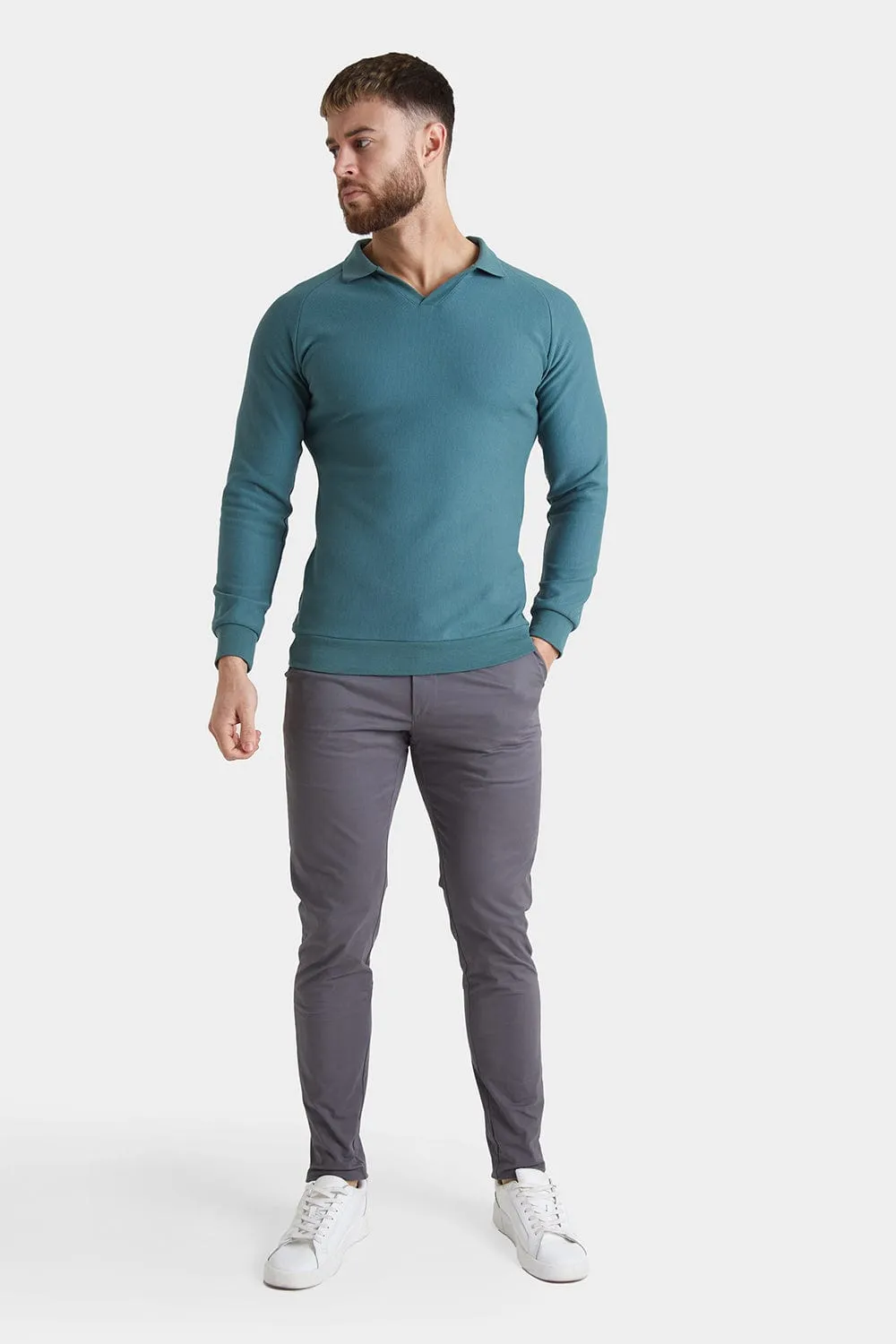 Textured Open Collar Polo in Peacock