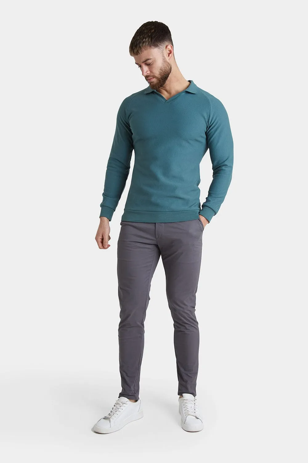 Textured Open Collar Polo in Peacock