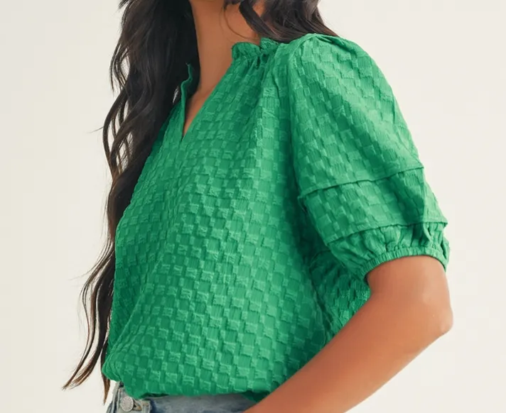 The Melissa Textured Puff Short Sleeve V Neck Top in Green