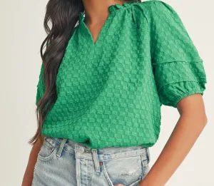 The Melissa Textured Puff Short Sleeve V Neck Top in Green