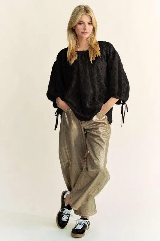 Tied Round Neck Mesh Blouse