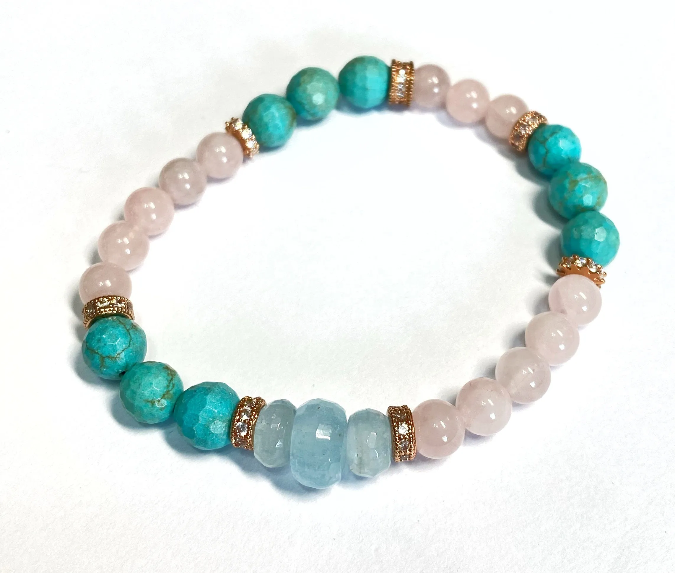 Turquoise Rose Quartz Aquamarine Stretch Bracelet Set of 2 Rose Gold