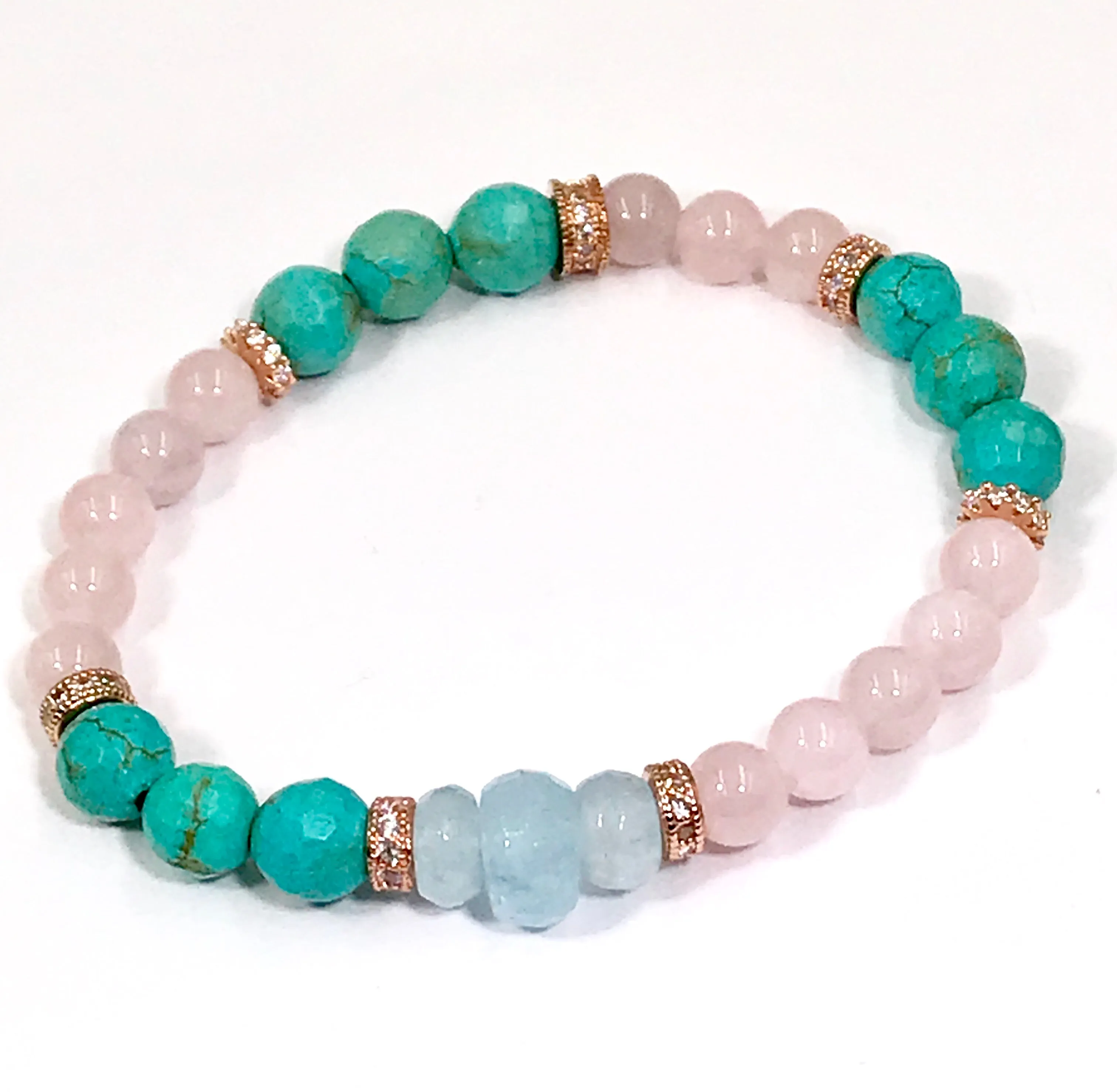 Turquoise Rose Quartz Aquamarine Stretch Bracelet Set of 2 Rose Gold