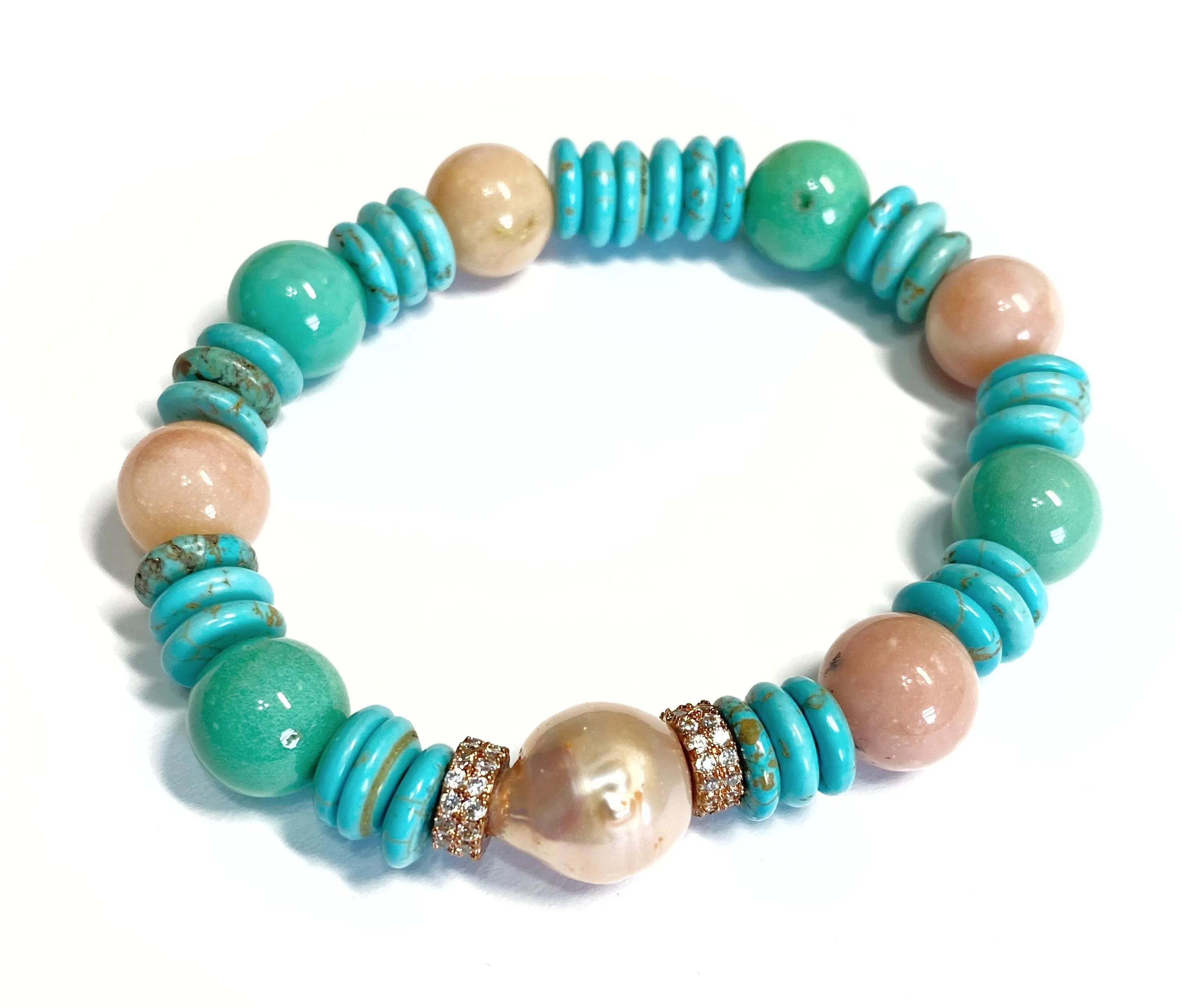 Turquoise Rose Quartz Aquamarine Stretch Bracelet Set of 2 Rose Gold