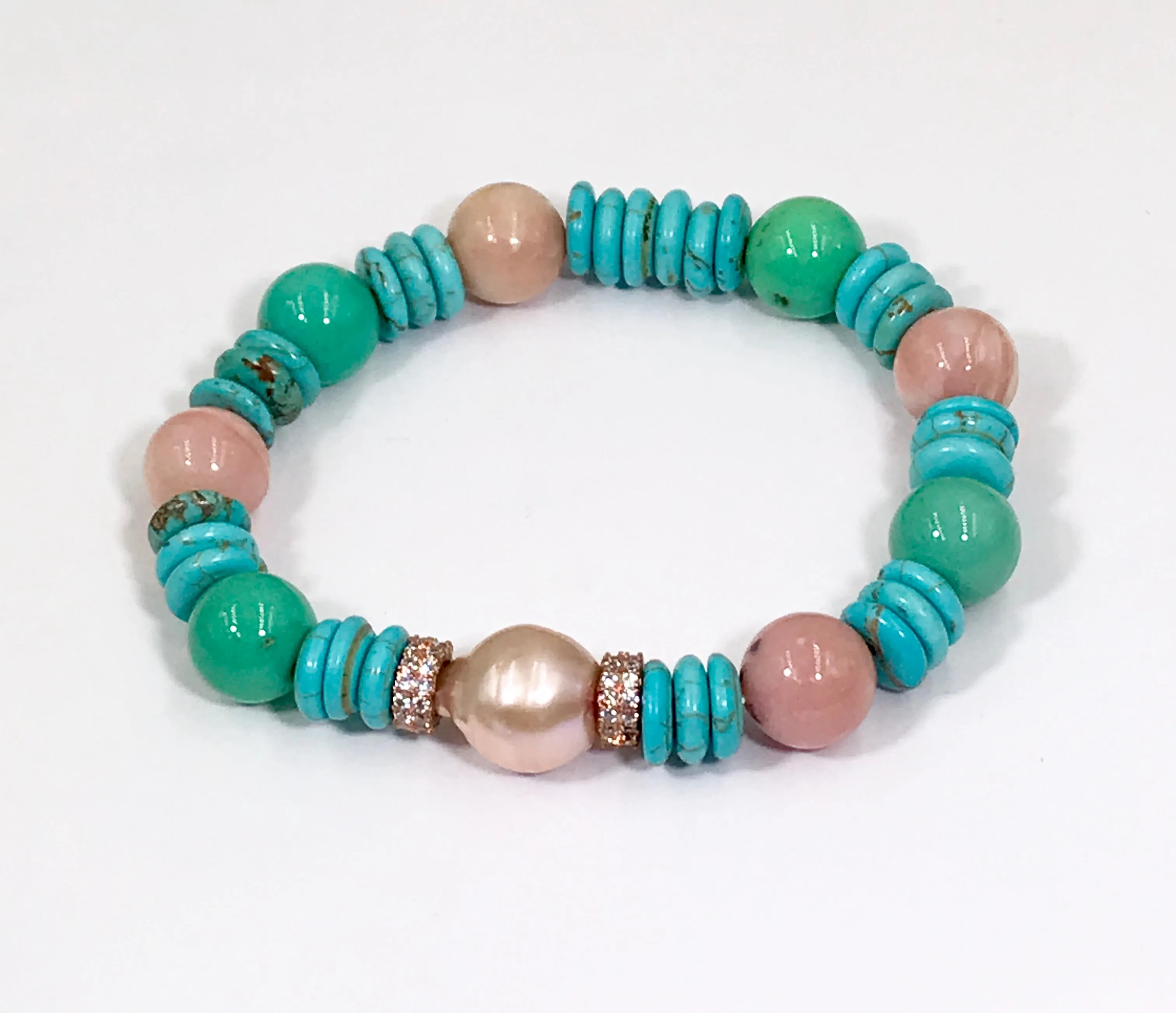 Turquoise Rose Quartz Aquamarine Stretch Bracelet Set of 2 Rose Gold