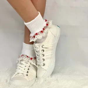 VALENTINE heart vintage lace cuff socks -red