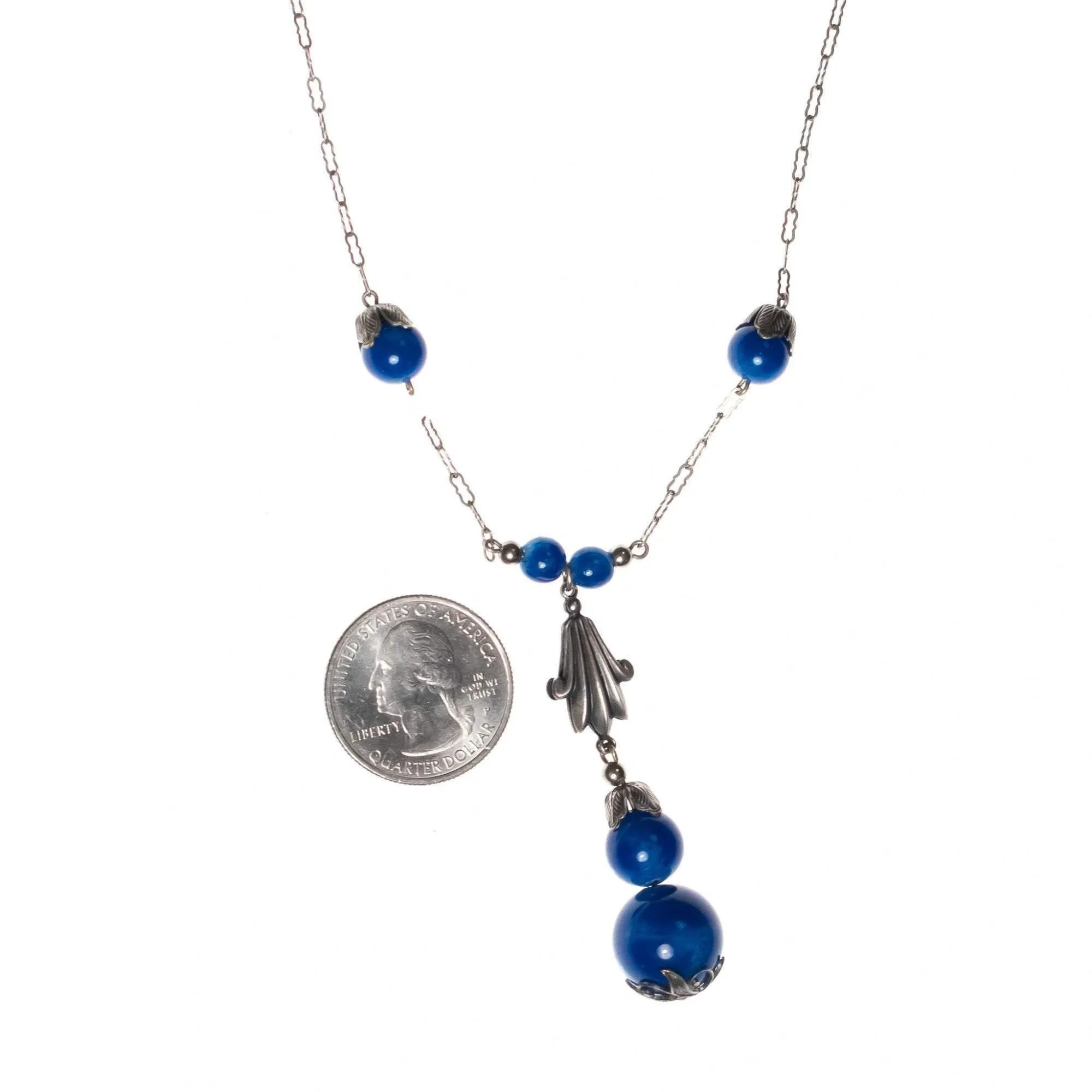 Vintage Art Deco Era Blue Glass Bead Lavalier Necklace