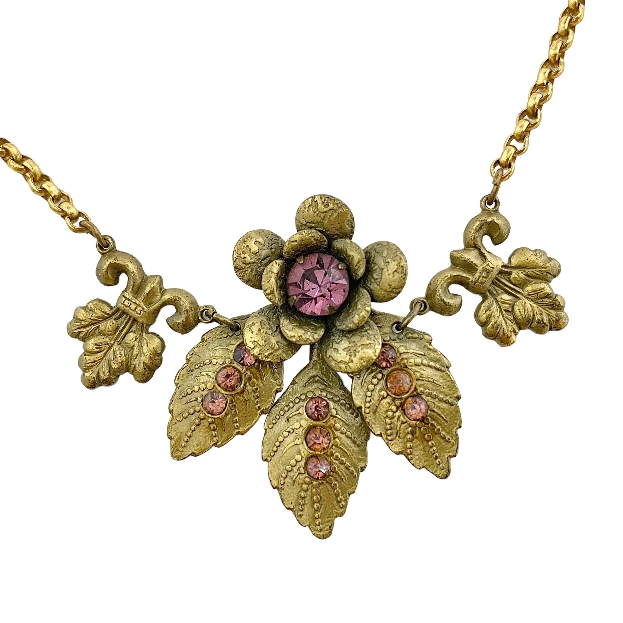 Vintage Czech Gilt Flower Necklace with Amethyst Crystals